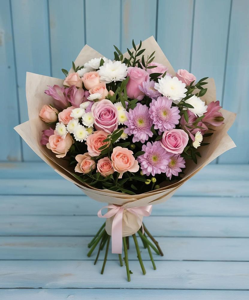 Букет цветов из: Хризантемы, Розы и Альстромерии в Покровке Воронежской области