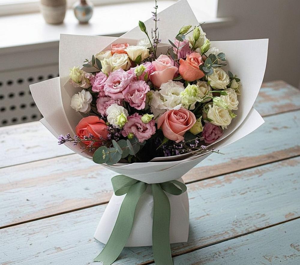 Букет цветов из: Розы, Лизиантусы и Гвоздики в Покровке Воронежской области