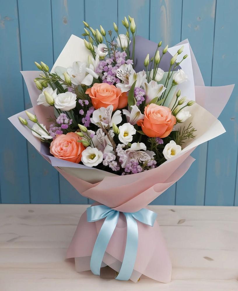 Букет цветов из: Лизиантусы, Розы, Альстромерии и Гипсофила в Покровке Воронежской области