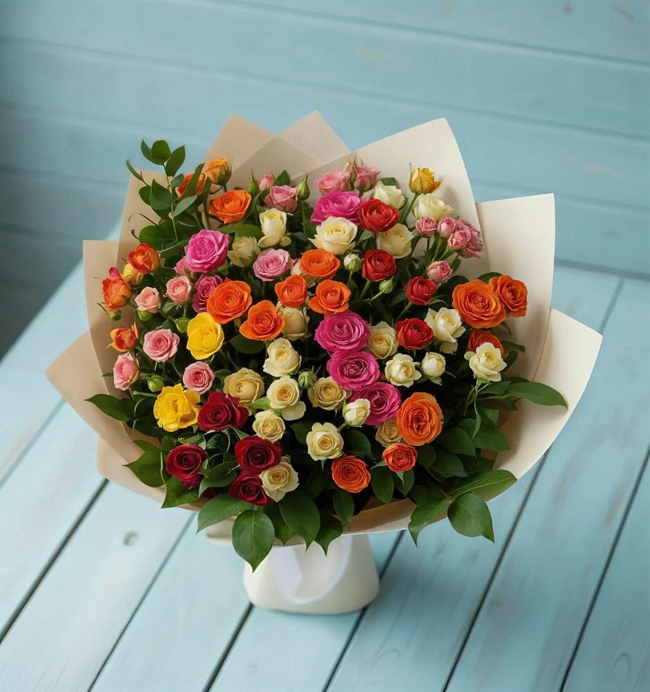 Букет Микс из разноцветных кустовых роз в Покровке Воронежской области