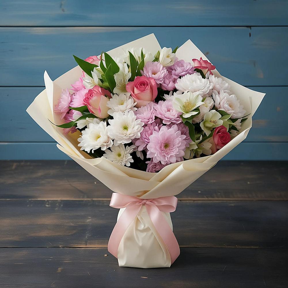 Букет цветов из: Хризантемы, Альстромерии и Розы в Покровке Воронежской области